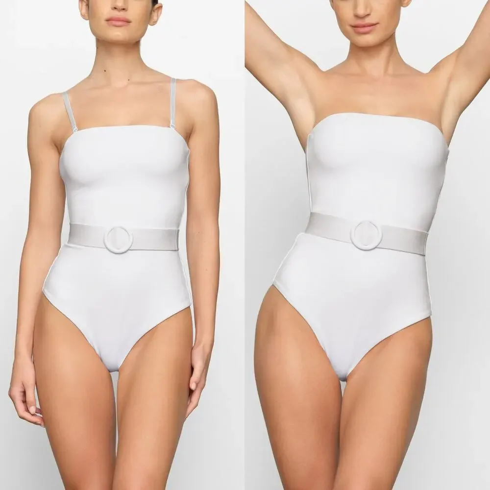 SKIMS Sculpting Swim Strapless One Piece Swimsuit Belted Marble White NWT 4X